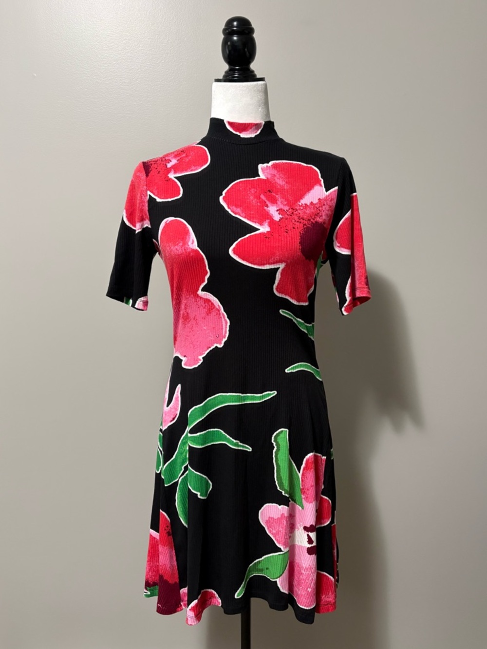 Desigual Floral Short Sleeve Mini Skater Dress Ribbed Knit - Picture 3 of 14